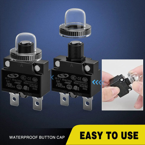 Premium 5 Pack Thermal Circuit Breaker With Auto Reset Function 5 Amp Overload Protector Switch Handles 125V And 250V AC showing waterproof button cap.