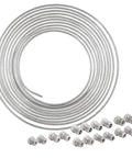 316L Stainless Steel Brake Line Kit 3/16 Inch By 25 Foot Marine Grade Tubing With 16 SAE Fittings For Cars And Trucks Rust Resistant High Pressure Up To 15,310 PSI Universal Fit coiled with fittings displayed
