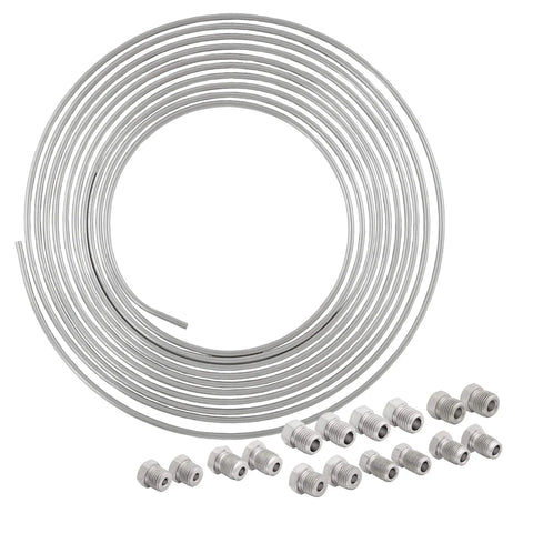 316L Stainless Steel Brake Line Kit 3/16 Inch By 25 Foot Marine Grade Tubing With 16 SAE Fittings For Cars And Trucks Rust Resistant High Pressure Up To 15,310 PSI Universal Fit coiled with fittings displayed