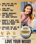 Woman using All Natural Beeswax Wood Polish And Conditioner For Furniture Cabinets Antiques And Butcher Blocks Unscented Food Safe Non Toxic Finish