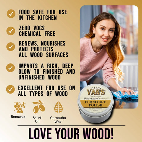 Woman using All Natural Beeswax Wood Polish And Conditioner For Furniture Cabinets Antiques And Butcher Blocks Unscented Food Safe Non Toxic Finish