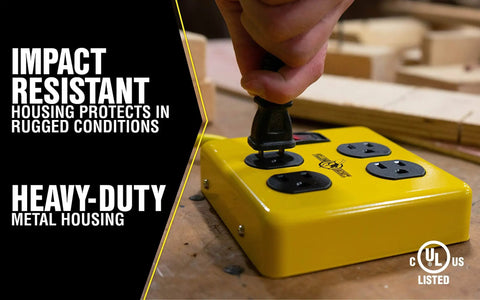 Heavy Duty Metal Power Block With Four Grounded Outlets, Lighted Switch, Four Foot Yellow Cord, 14 Gauge, Built In 15 Amp Circuit Breaker For Rugged Workshop Use on workbench