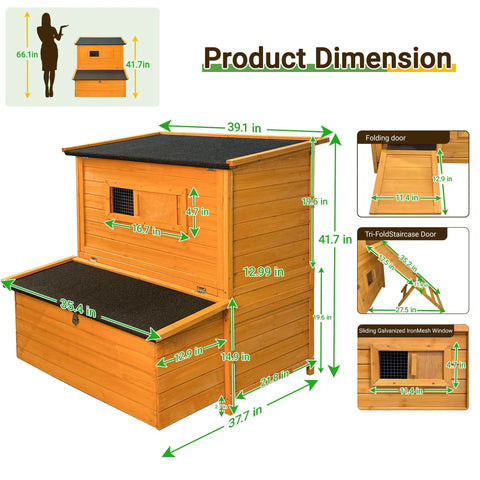 Wooden Chicken Coop For Backyard Living With Outdoor Hen House Design, Three Nesting Boxes, Removable Tray, Folding Door