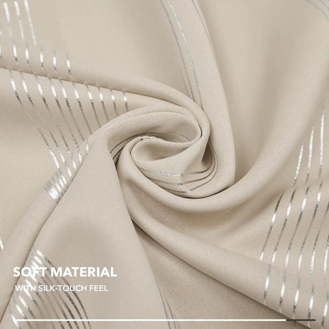 Close-up of Silver Wave Print Blackout Curtains That Keep It Dark And Quiet With Thermal Insulation And Noise Reduction, Light Beige fabric