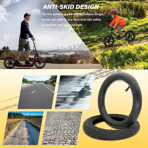 12.5 By 2.25 Inch Tire And Inner Tube Set For Dirt Bikes And Electric Scooters, Replacement Tires For Kids Bikes And Mini Motor Bikes, Compatible With 12.5 X 2.25 Wheels On Dirt Rockets And Pocket Mod Style Rides. Black rubber tire and tube set with anti-skid tread for dirt bikes and scooters on road and trail.