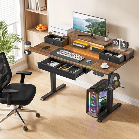 Chill 47 Inch Electric Standing Desk With Glowing RGB LED Gaming Table Features Memory Height Settings For Customizable Home Office Or Battle Station Setup with ergonomic layout.