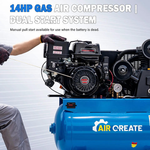 Get The 30 Gallon Gas Air Compressor With Powerful 14HP Engine And Electric Start. Delivering A Massive 31.8 CFM At 175 PSI Featuring A 420CC Motor And ASME Certified Tank For Heavy Duty Work