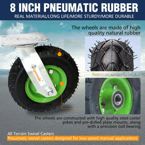 8 Inch Pneumatic Caster Wheels Set Of Four Heavy Duty Air Tire Rubber Casters With Two Fixed And Two Swivel Rollers For Hand Trucks Lawn Wagons close-up of durable rubber wheels with steel yokes and ball bearings.