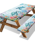 Outdoor Picnic Table Cover With Elastic Sides And Bench Covers 3 Piece Set 72 X 30 Table And 72 X 12 Benches Waterproof Fit For 6Ft Tables Sea Turtle Pattern installed on wooden picnic table and benches showcasing vibrant sea turtle and coral design.