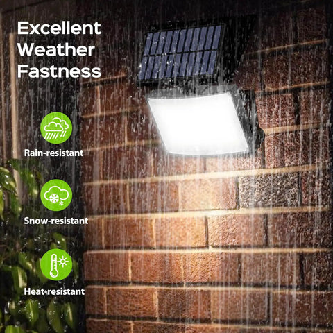 Super Bright Solar Outdoor Flood Lights 202 LEDs With 16.4 Ft Cable Remote Control Motion Sensor 3 Modes mounted on brick wall in rain