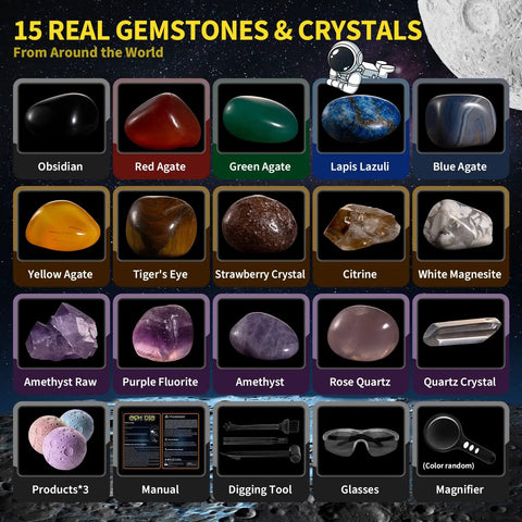 Space Gem Excavation Kit For Kids With Real Gemstones, Solar System STEM Toy showing 15 gemstones, tools, and accessories