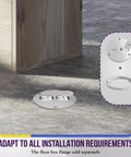 Real Deal Stainless Steel Four Inch Screw Cap Floor Box Cover With Twenty Amp Outlet For Hardwood Tile And Marble Floors No Fuss Clean Install Quick Flush Mount Power Drop seen in a residential setting on a floor.