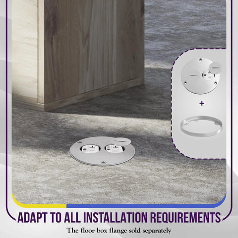Real Deal Stainless Steel Four Inch Screw Cap Floor Box Cover With Twenty Amp Outlet For Hardwood Tile And Marble Floors No Fuss Clean Install Quick Flush Mount Power Drop seen in a residential setting on a floor.