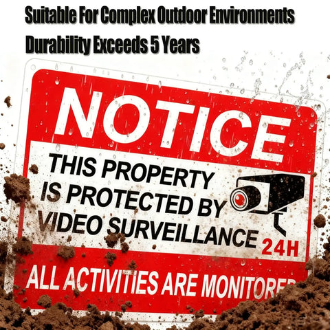 2 Pack 10x7 Inch Reflective Aluminum Video Surveillance Sign Keep Intruders Away, Weatherproof And UV Protected, Waterproof Deterrent For Homes And Businesses, 24 Hour Security Reminder, High Visibility Industrial Grade Sign showing red notice