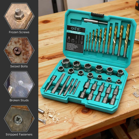 Bolt Extractor Kit And Screw Extractor Set With 40 Left Hand Heavy Duty Cobalt Drill Bits And Easy Out in plastic case