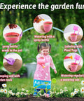 Pink Kids Gardening Tools Set With Rake Shovel Trowel Watering Can Gloves Apron Tote Bag Plant Pots And DIY Bookmark Kits For Toddlers And Kids Kid Friendly Outdoor Garden Play Gift with child using tools and pots