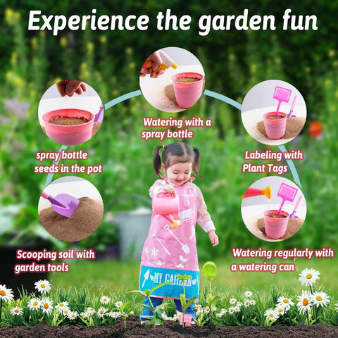 Pink Kids Gardening Tools Set With Rake Shovel Trowel Watering Can Gloves Apron Tote Bag Plant Pots And DIY Bookmark Kits For Toddlers And Kids Kid Friendly Outdoor Garden Play Gift with child using tools and pots