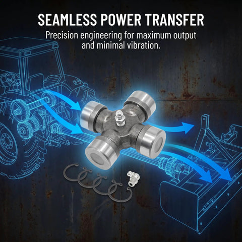 Beefy Universal Joint Kit For Tractor Driveshaft With Needle Bearing 441M Heavy Duty Alloy Steel, snap rings visible