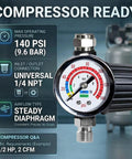 Tough Diaphragm Air Regulator With Analog Pressure Gauge For Hvlp Spray Guns And Compressors Dialing In Two To One Forty Psi, showing max operating pressure 140 PSI.