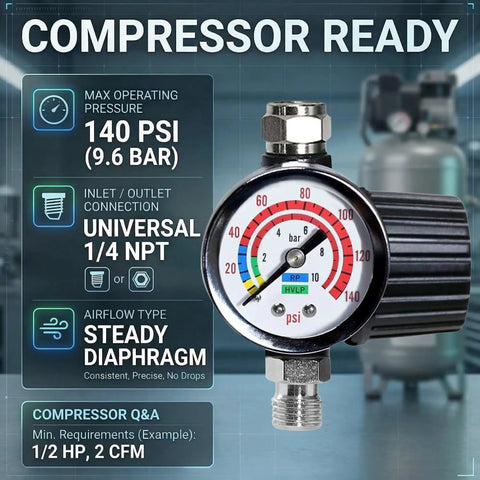 Tough Diaphragm Air Regulator With Analog Pressure Gauge For Hvlp Spray Guns And Compressors Dialing In Two To One Forty Psi, showing max operating pressure 140 PSI.