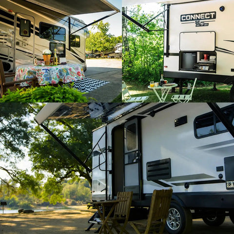 Heavy Duty RV Awning Gas Struts For Power Awnings With 69 To 78 Inch Arm in use on parked trailers
