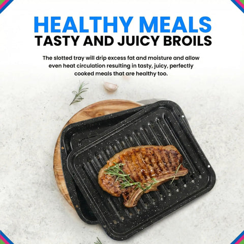 Broiler Pan For Oven Nonstick Porcelain Enamel Coated With Rack That Drains Fat And Circulates Heat Evenly, with grilled steak