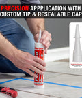 Person using Fix-A-Floor Loose Tile Repair Adhesive with custom tip on floor tiles, re-bonding loose tiles effectively.