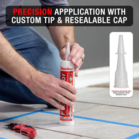 Person using Fix-A-Floor Loose Tile Repair Adhesive with custom tip on floor tiles, re-bonding loose tiles effectively.