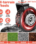 All-terrain wheels with 360-degree swivel for foldable wagon cart with 360 lb capacity on sand, grass, gravel, and mud surfaces.