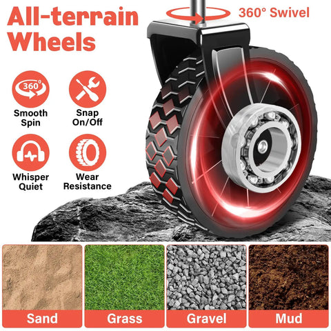 All-terrain wheels with 360-degree swivel for foldable wagon cart with 360 lb capacity on sand, grass, gravel, and mud surfaces.