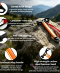 Ultra Lightweight 12 Inch Camping Hammer Multitool With Three In One Design For Hiking And Camping Nail Driving Soil Digging Corkscrew Stake Puller Strap Tie Hole Bright Orange on rock background