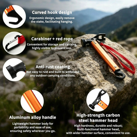 Ultra Lightweight 12 Inch Camping Hammer Multitool With Three In One Design For Hiking And Camping Nail Driving Soil Digging Corkscrew Stake Puller Strap Tie Hole Bright Orange on rock background