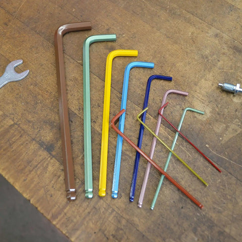 Ball End L Wrench Set Double Pack With ColorGuard 22 Piece Ultra Long Arm Allen Keys in various colors on a wooden surface
