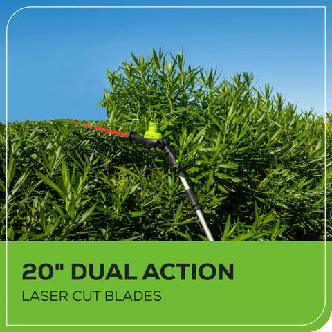60V Brushless Cordless Pole Hedge Trimmer With 20 Inch Laser Cut Dual Action Blades trimming tall hedge