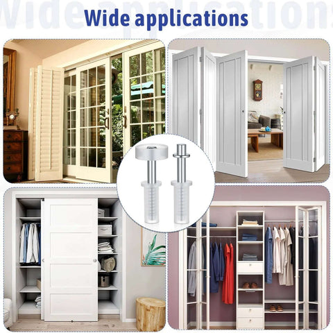 Bifold Closet Door Hardware Kit With 16 Pieces Top Roller Guide Wheels And Top Pivots shown with wide application examples in various doors.