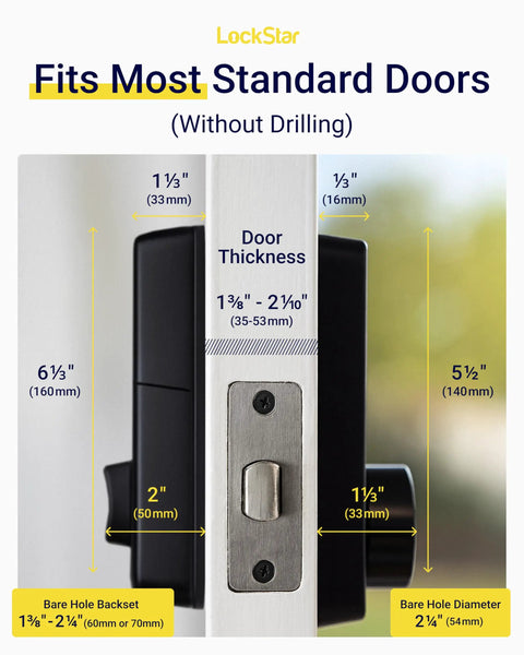 Keyless Entry Smart Door Lock With App Access, Fingerprint Touch ID; dimensions for standard doors.
