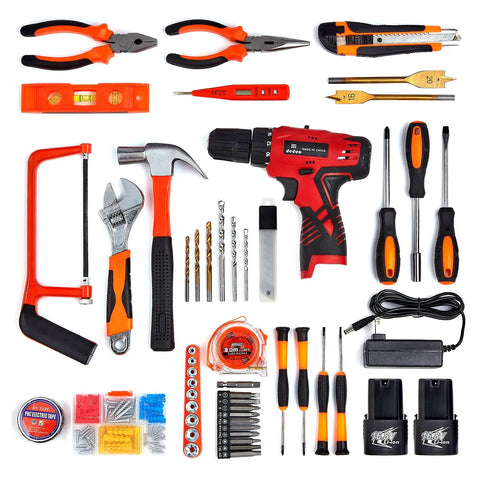 Cordless Drill And 108 Piece DIY Tool Kit With 16.8V Lithium Driver Claw Hammer Pliers Wrenches And Bits For Do It All Home Projects