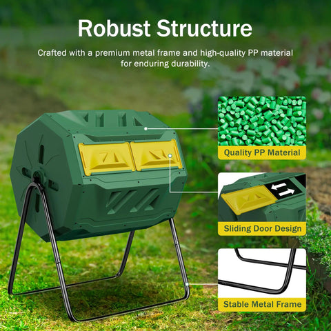 43 Gallon Dual Chamber Compost Tumbler For Easy Outdoor Garden Composting With Sliding Door Rotating Bin Tumbling Composter In Green Durable UV Protected Plastic Drum Built To Last In Any Weather