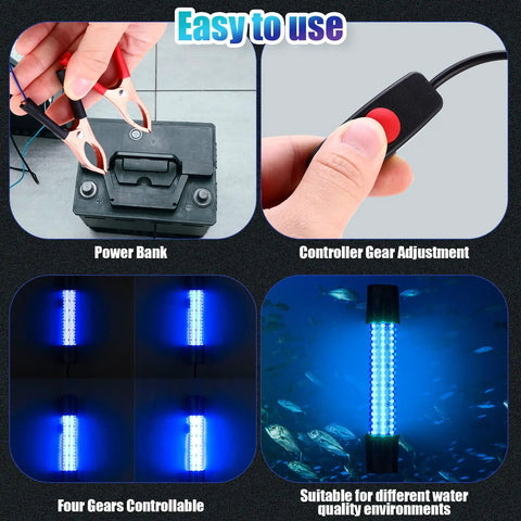 2 Pack Underwater Fishing Light Kit 12V 15W Submersible LED Lure Lamp with gear adjustment and power bank setup