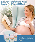 4 Pack Coliform E Coli Water Test Kit Works Like A Charm For Fast 48 Hour Home Well Tap Pool And Lake Testing Easy No Hassle Bacteria Detector For Safe Drinking Water That Keeps Your Family Happy And Totally Worry Free Any Day with woman reading and holding glass of water.