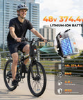 Foldable Electric Bike For Adults With 750W Peak Power, 26 Inch Wheels, 48V Long Range Battery, Up To 20 MPH And 50 Plus Mile Range, Dual Disc Brakes And Dual Hydraulic Suspension, Ideal For Commuting And Light Trail Riding. Rider on black foldable electric bike with 48V 374.4Wh battery display