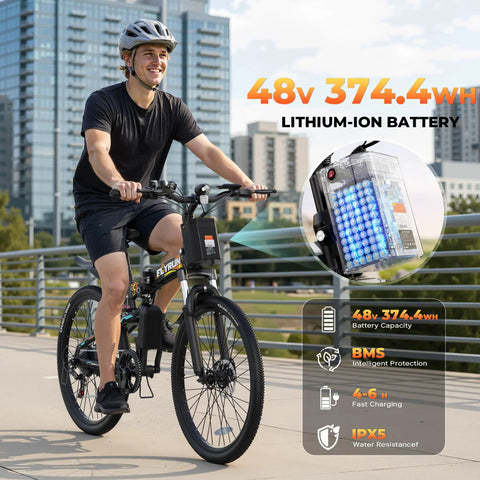 Foldable Electric Bike For Adults With 750W Peak Power, 26 Inch Wheels, 48V Long Range Battery, Up To 20 MPH And 50 Plus Mile Range, Dual Disc Brakes And Dual Hydraulic Suspension, Ideal For Commuting And Light Trail Riding. Rider on black foldable electric bike with 48V 374.4Wh battery display