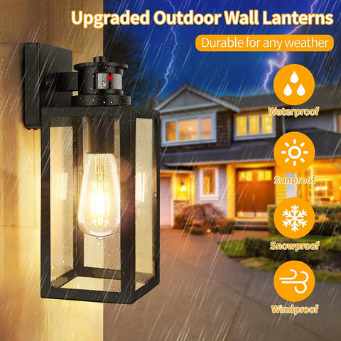 Two Pack Motion Sensor Outdoor Lights Dusk To Dawn Wall Mount Fixtures For Porch And Garage Exterior Black Lantern Sconces With Clear Glass Auto On At Dusk Off At Dawn Weatherproof And Easy To Install