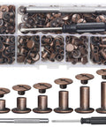 Heavy Duty Chicago Screws And Leather Rivets 110 Set Kit With Install Tools showing assorted sizes and tools for crafting projects.