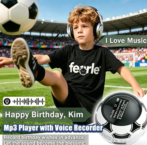 Kid wearing headphones and soccer ball MP3 player on neck; Kid Friendly Soccer Ball MP3 Player With 64GB Storage And Bluetooth 5.0 Built In Speaker FM Radio Recording Pedometer Includes Headphones And Lanyard Perfect Gift For Soccer Fans On Match Day