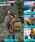 Man wearing Rugged Tactical Fishing Backpack With Tackle Boxes Rod Holders And Bottle Holder Insulated Cooler Pocket 50 Liter Large 900D Oxford Brown Gear Bag For All Day Fishing Trips Store Gear And Equipment