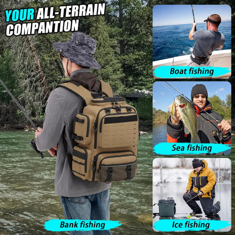Man wearing Rugged Tactical Fishing Backpack With Tackle Boxes Rod Holders And Bottle Holder Insulated Cooler Pocket 50 Liter Large 900D Oxford Brown Gear Bag For All Day Fishing Trips Store Gear And Equipment