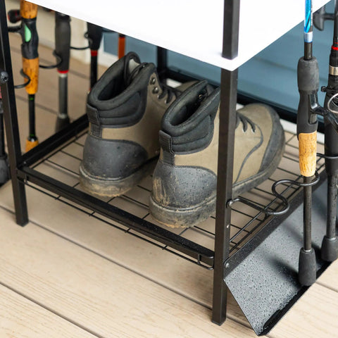 Garage Fishing Pole Organizer That Holds Ten Rods, Reels, Tackle Box, And Gear With Built In Shelves holding boots and rods