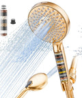 Filtered Handheld Shower Head With High Pressure Spray, 9 Modes, Detachable, Gold, showing water softener beads and spray