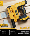 Badass Two In One Cordless Brad Nailer And Quarter Crown Stapler Fits All Standard 20V Max Packs on wooden surface with staples.
